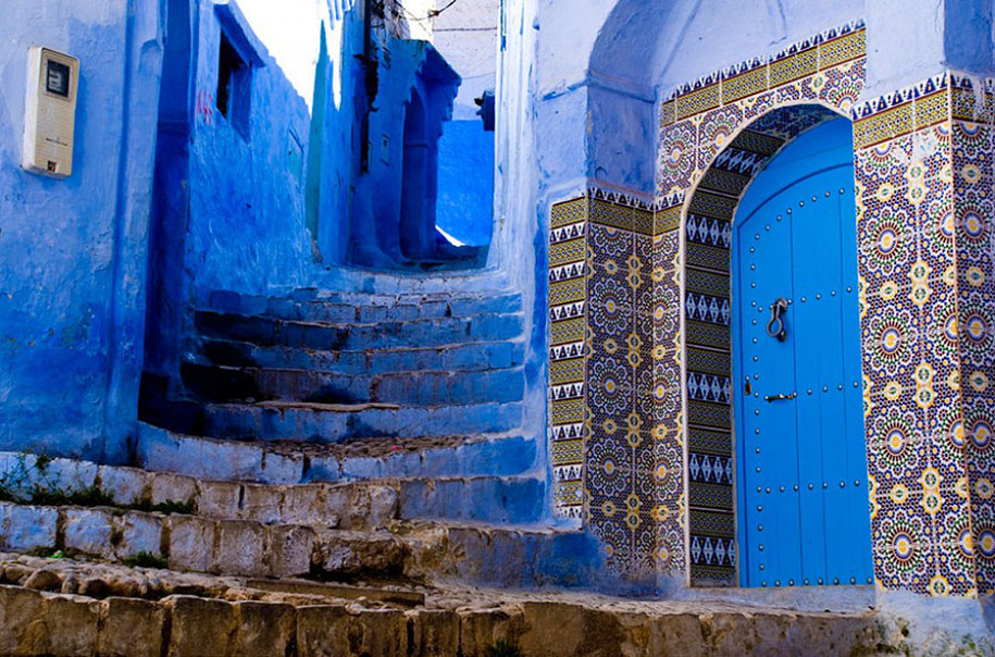 Town with Blue Wall in Morocco