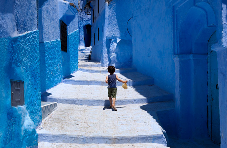 Town with Blue Wall in Morocco